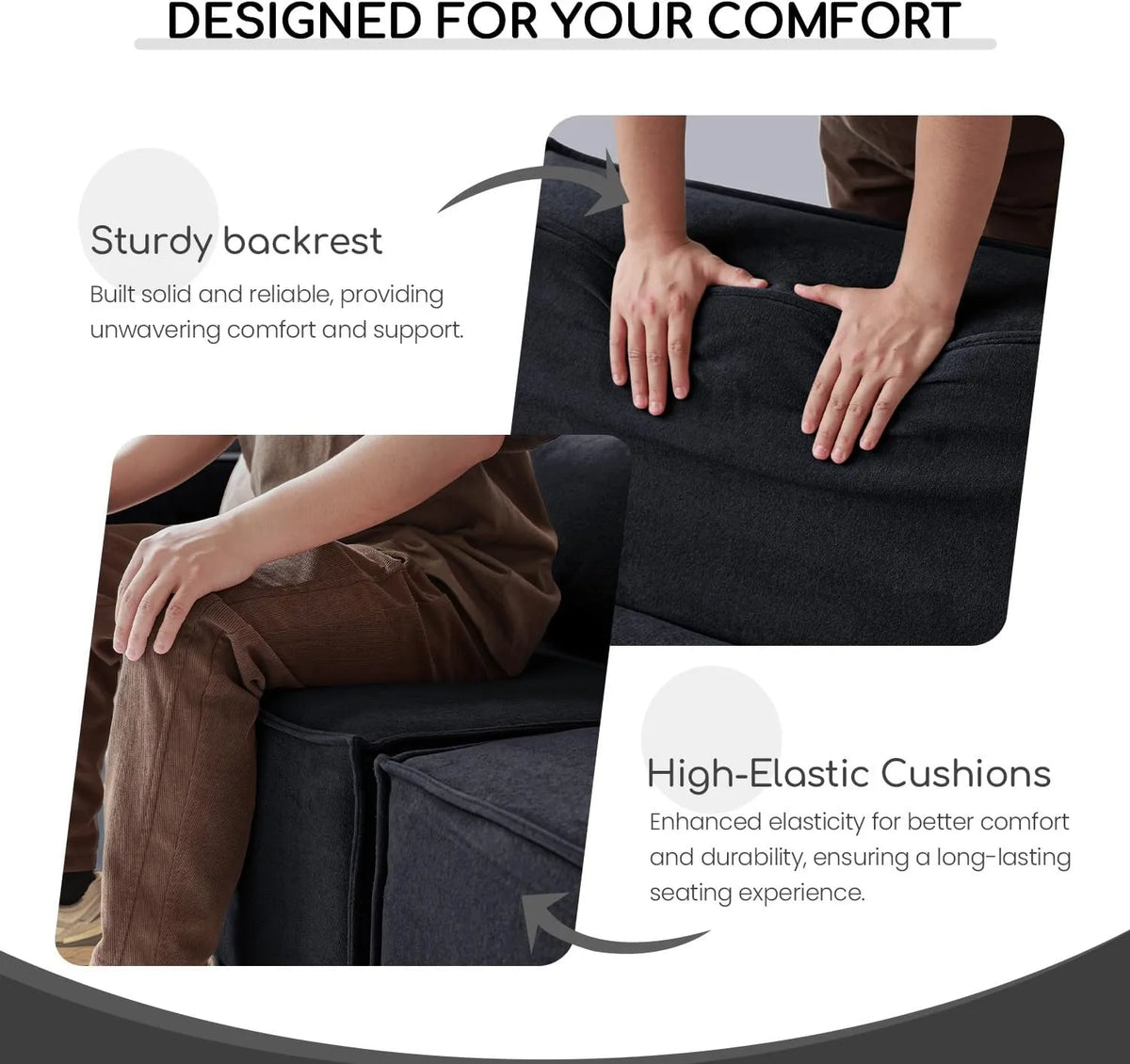 Matrix 2-Seater Black Modular Chaise Sectional | 3-Piece (includes 1 Ottoman), Cloud Velvet Fabric, Compact Design