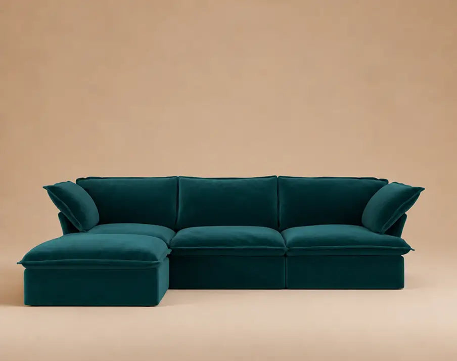 Deluxe Cloud 3-Seater Turquoise Modular Sectional | 4-Piece (includes 1 ottoman), Velvet Fabric, Storage Ottoman