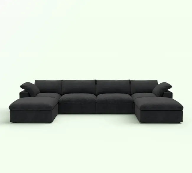 Sofás seccionales Cloud de lujo premium | Seccionales en forma de U de 6 piezas de algodón y lino negro, otomana con almacenaje de 4 plazas y 160