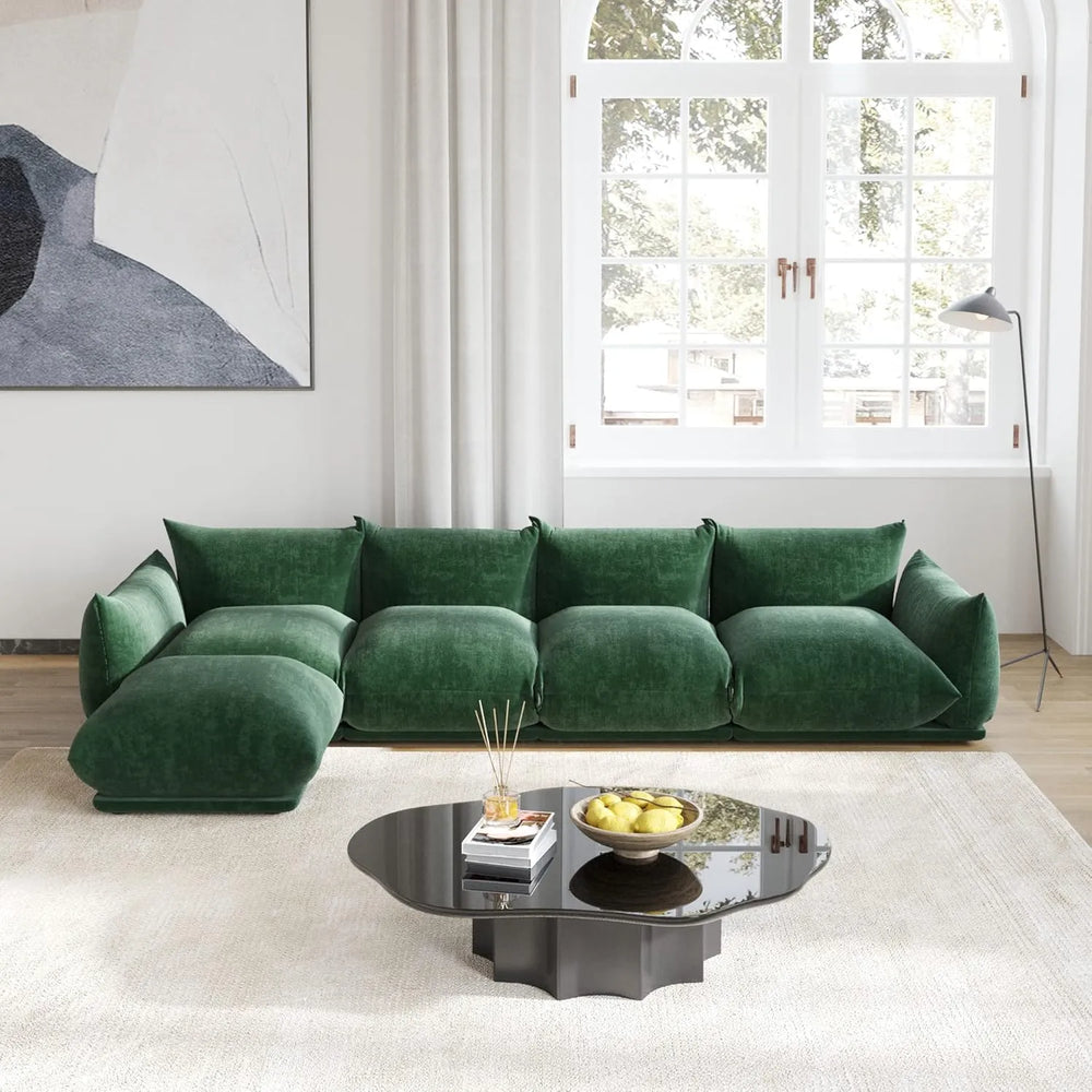Matrix Modern Sectional Sofas | Green Chenille Couch Sectionals 4-seaters with 1 Ottoman