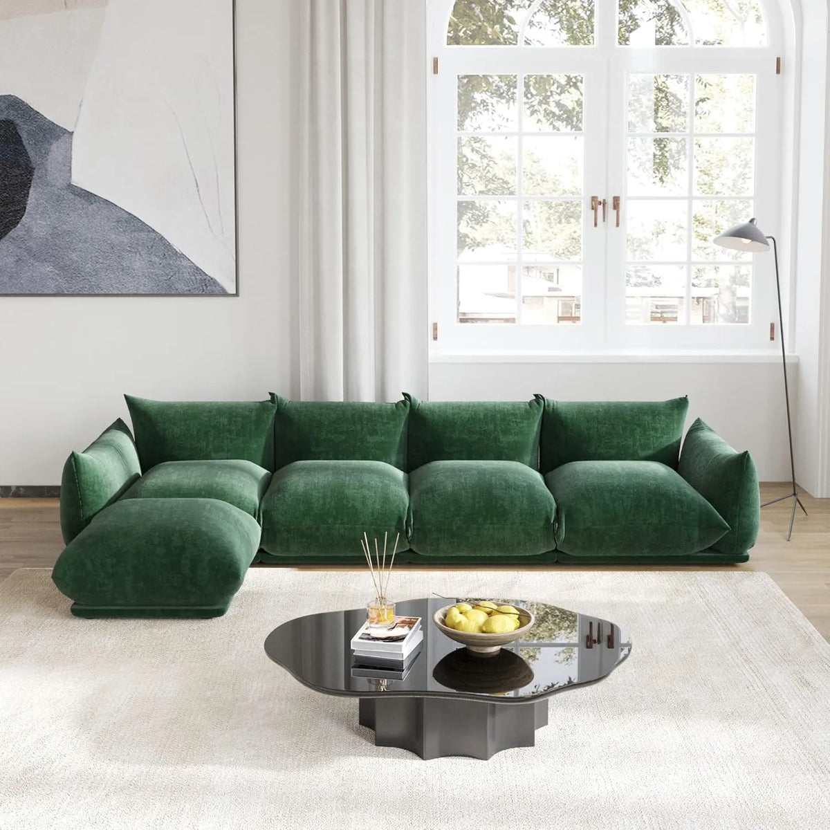 Matrix 4-Seater Green Modular L-Shaped Sectional | 5-Piece (includes 1 Ottoman), Chenille Fabric, Roomy Layout