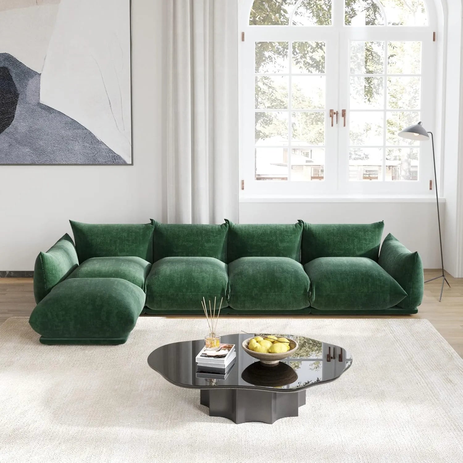 Sofá modular en forma de L Matrix de 4 plazas, color verde | 5 piezas (incluye 1 otomana), tejido de chenilla, diseño espacioso