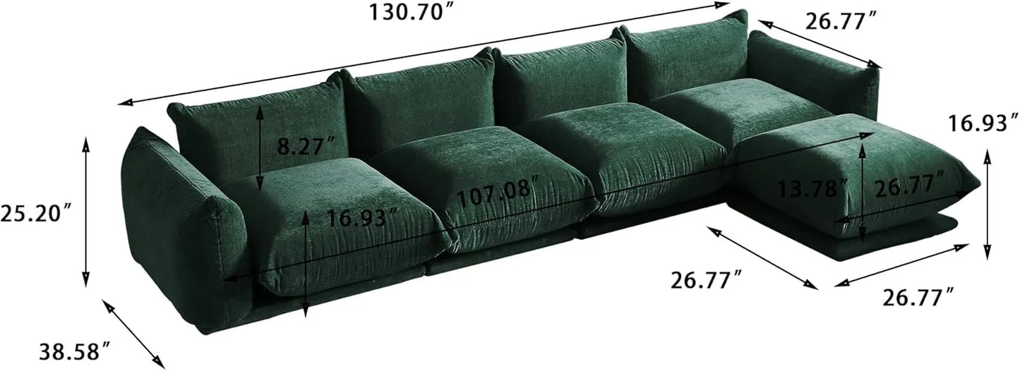Matrix Modern Sectional Sofas | Green Chenille Couch Sectionals 4-seaters with 1 Ottoman