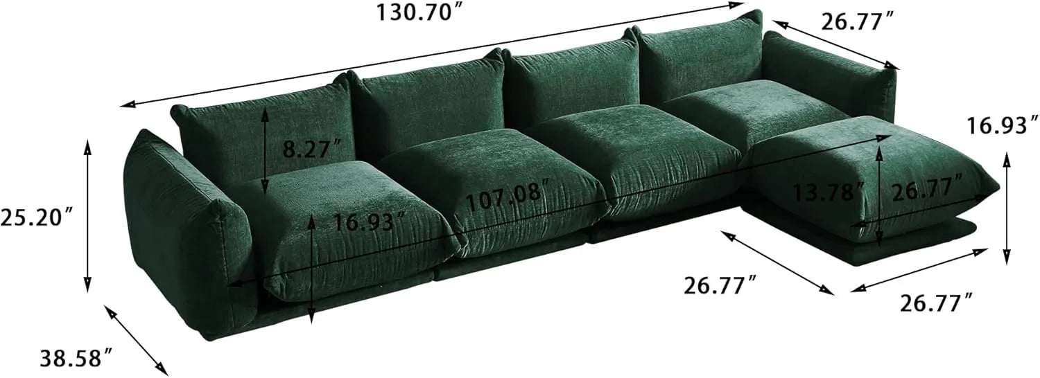 Sofá modular en forma de L Matrix de 4 plazas, color verde | 5 piezas (incluye 1 otomana), tejido de chenilla, diseño espacioso