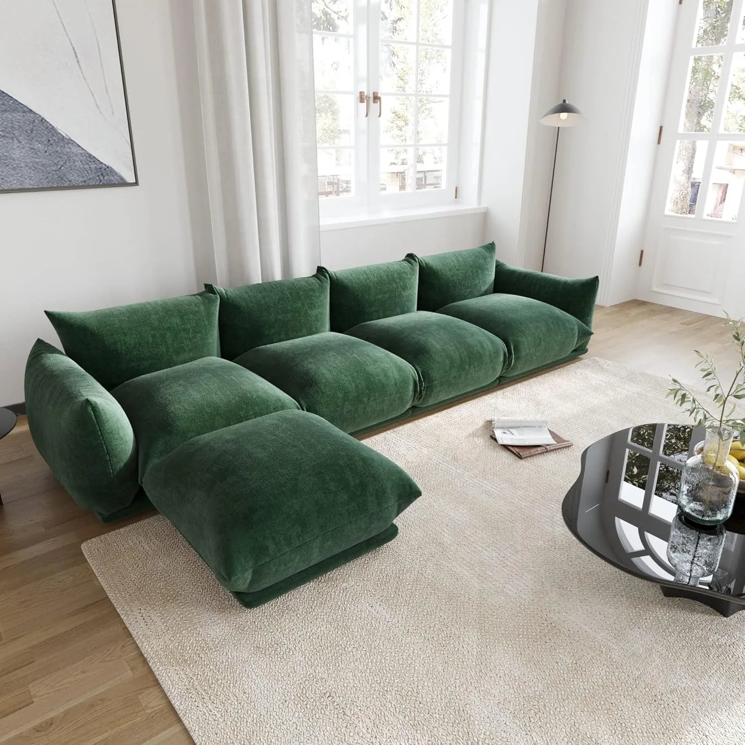Sofá modular en forma de L Matrix de 4 plazas, color verde | 5 piezas (incluye 1 otomana), tejido de chenilla, diseño espacioso