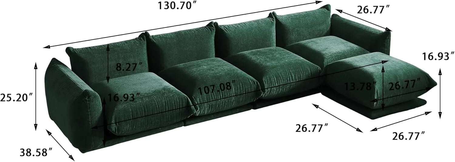Sofá modular en forma de U Matrix de 4 plazas, color verde | Juego de 6 piezas (incluye 2 otomanas), tela de chenilla, gran capacidad.