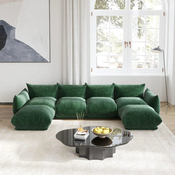 Matrix 4-Seater Green Modular U-Shaped Sectional | 6-Piece (includes 2 Ottomans), Chenille Fabric, Large Space