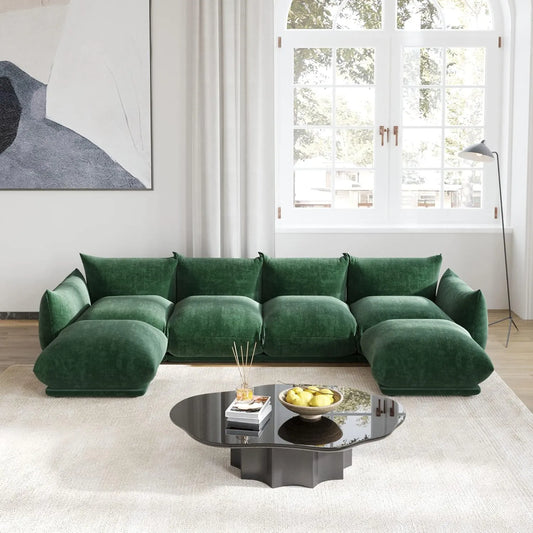 Matrix 4-Seater Green Modular U-Shaped Sectional | 6-Piece (includes 2 Ottomans), Chenille Fabric, Large Space