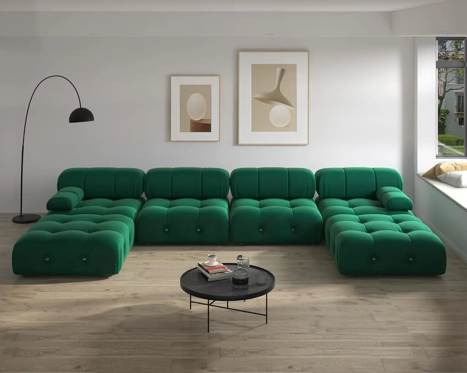 Matrix 4-Seater Green Modular U-Shaped Sectional | 6-Piece (includes 2 Ottomans), Velvet Fabric, Roomy Layout