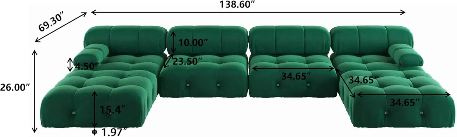 Matrix 4-Seater Green Modular U-Shaped Sectional | 6-Piece (includes 2 Ottomans), Velvet Fabric, Roomy Layout