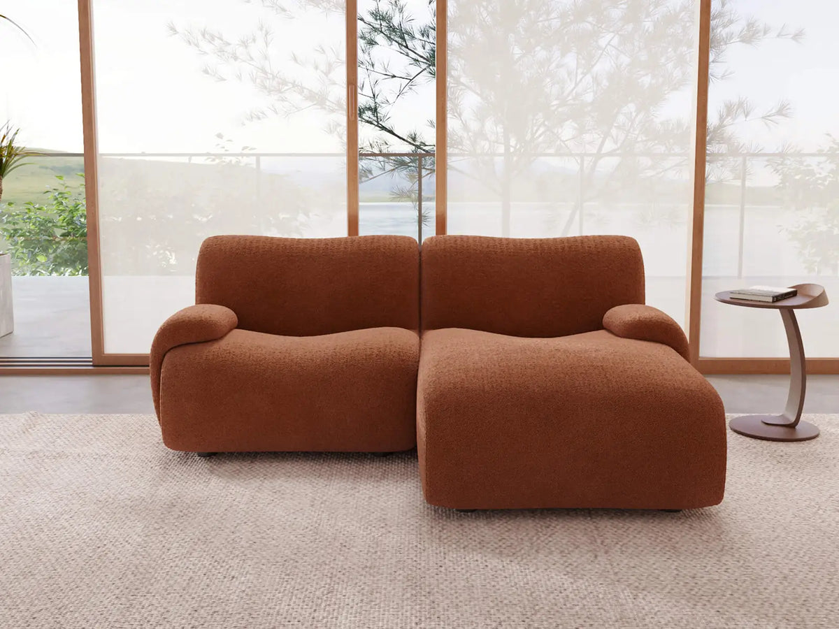 Teddy Fleece 2-Seater Rust Red Small Space Chaise Sectional | 2-Piece, Modular Design, Fixed Upholstery, Low Pillow Arm