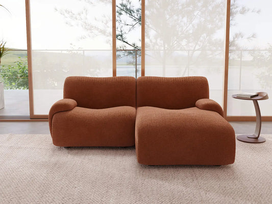Teddy Fleece 2-Seater Rust Red Small Space Chaise Sectional | 2-Piece, Modular Design, Fixed Upholstery, Low Pillow Arm
