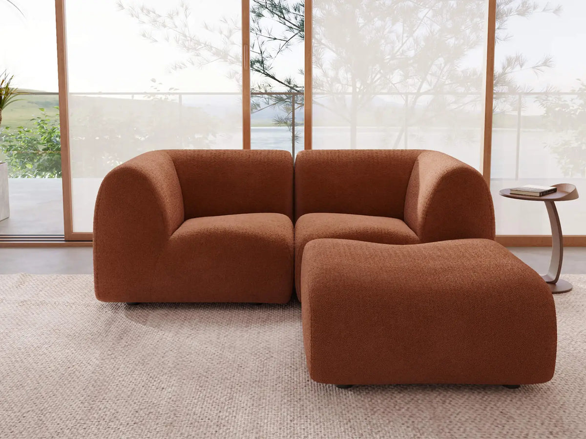 Teddy Fleece 2-Seater Rust Red Small Space Chaise Sectional | 3-Piece (Includes 1 Ottoman), Modular Design, Fixed Upholstery, Low Pillow Arm