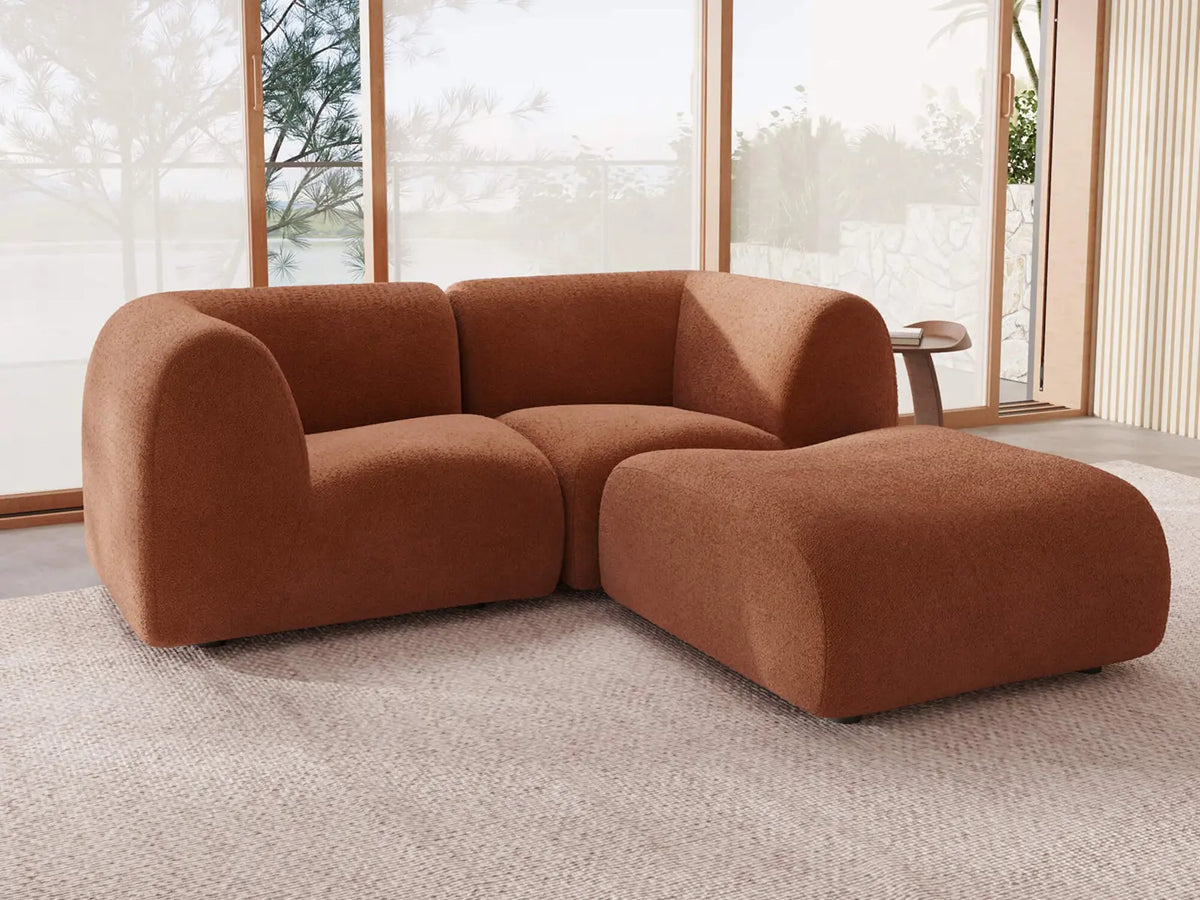 Teddy Fleece 2-Seater Rust Red Small Space Chaise Sectional | 3-Piece (Includes 1 Ottoman), Modular Design, Fixed Upholstery, Low Pillow Arm