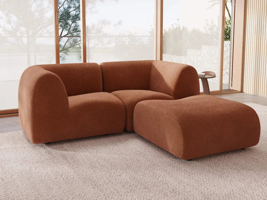 Teddy Fleece 2-Seater Rust Red Small Space Chaise Sectional | 3-Piece (Includes 1 Ottoman), Modular Design, Fixed Upholstery, Low Pillow Arm
