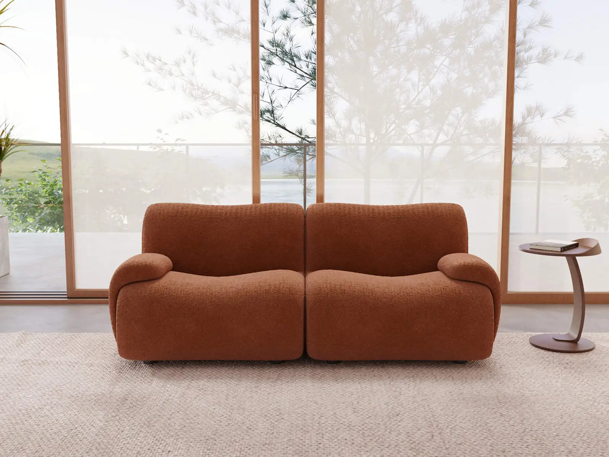 Teddy Fleece 2-Seater Rust Red Small Space Loveseat | 2-Piece, Modular Design, Fixed Upholstery, Low Pillow Arm