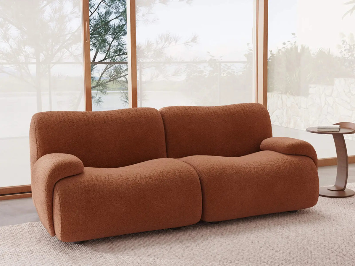 Teddy Fleece 2-Seater Rust Red Small Space Loveseat | 2-Piece, Modular Design, Fixed Upholstery, Low Pillow Arm