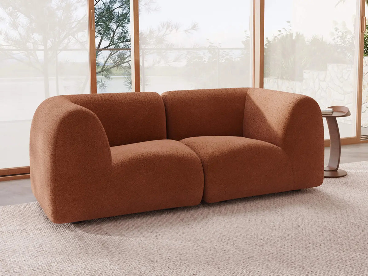 Teddy Fleece 2-Seater Rust Red Small Space Loveseat | 2-Piece, Modular Design, Fixed Upholstery, Low Pillow Arm