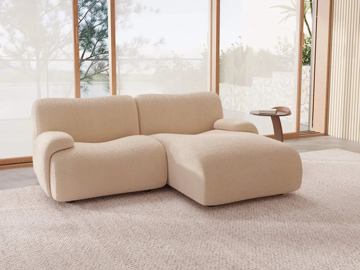 Teddy Fleece 2-Seater Sand Small Space Chaise Sectional | 2-Piece, Modular Design, Fixed Upholstery, Low Pillow Arm