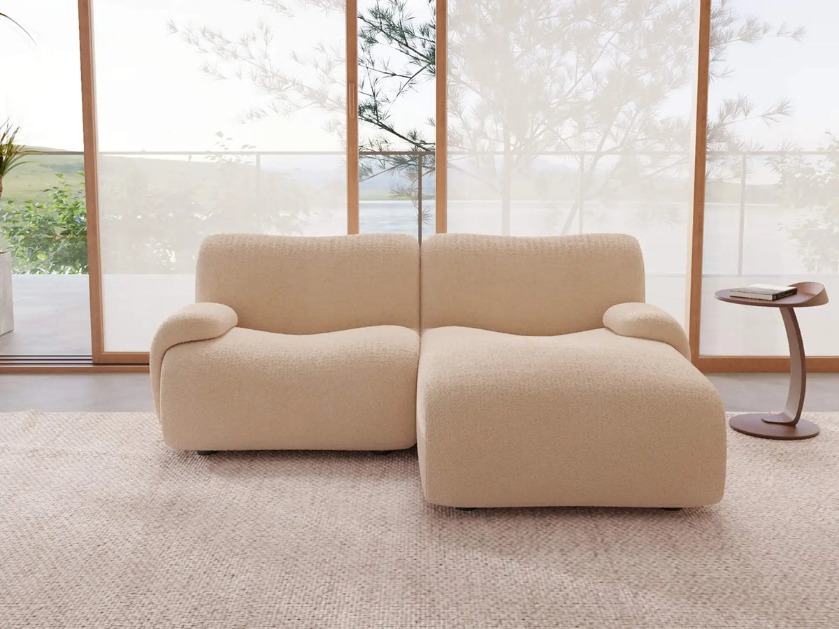 Teddy Fleece 2-Seater Sand Small Space Chaise Sectional | 2-Piece, Modular Design, Fixed Upholstery, Low Pillow Arm