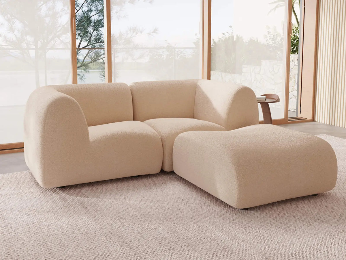 Teddy Fleece 2-Seater Sand Small Space Chaise Sectional | 3-Piece (Includes 1 Ottoman), Modular Design, Fixed Upholstery, Low Pillow Arm