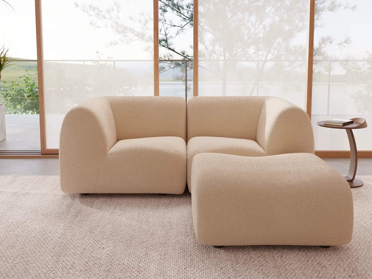 Teddy Fleece 2-Seater Sand Small Space Chaise Sectional | 3-Piece (Includes 1 Ottoman), Modular Design, Fixed Upholstery, Low Pillow Arm