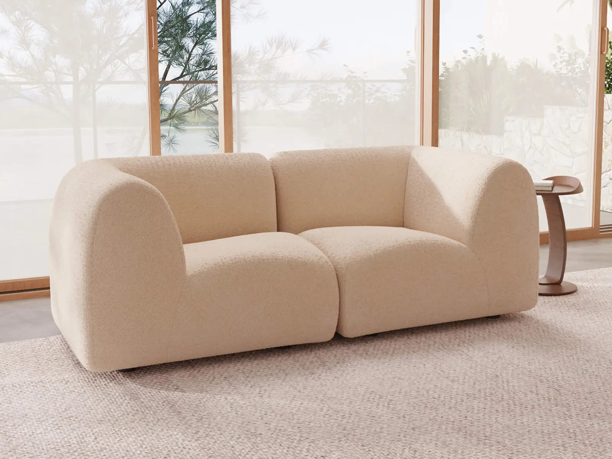 Teddy Fleece 2-Seater Sand Small Space Loveseat | 2-Piece, Modular Design, Fixed Upholstery, Low Pillow Arm