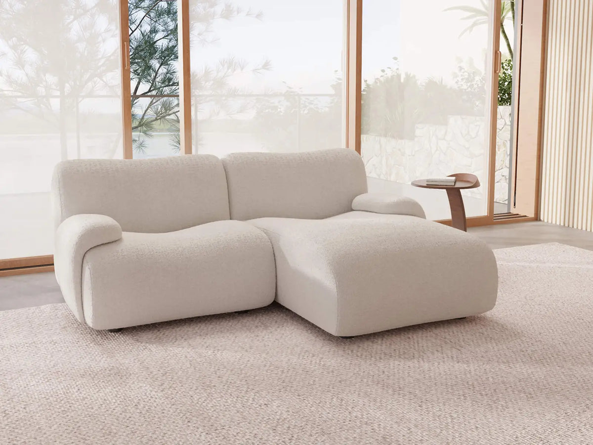 Teddy Fleece 2-Seater White Small Space Chaise Sectional | 2-Piece, Modular Design, Fixed Upholstery, Low Pillow Arm