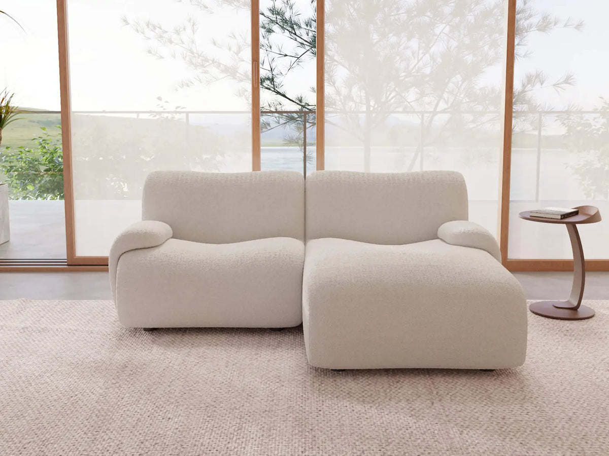 Teddy Fleece 2-Seater White Small Space Chaise Sectional | 2-Piece, Modular Design, Fixed Upholstery, Low Pillow Arm