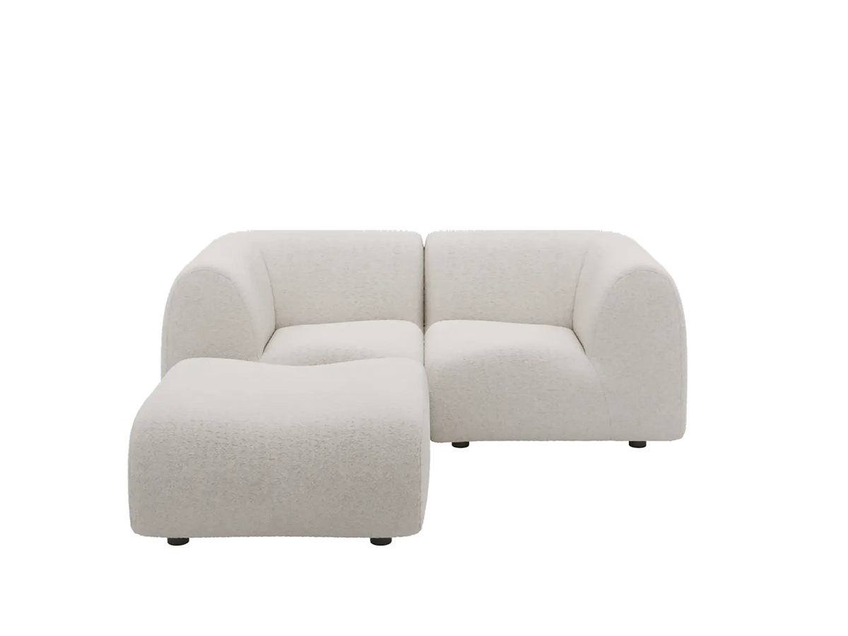 Teddy Fleece 2-Seater White Small Space Chaise Sectional | 3-Piece (Includes 1 Ottoman), Modular Design, Fixed Upholstery, Low Pillow Arm