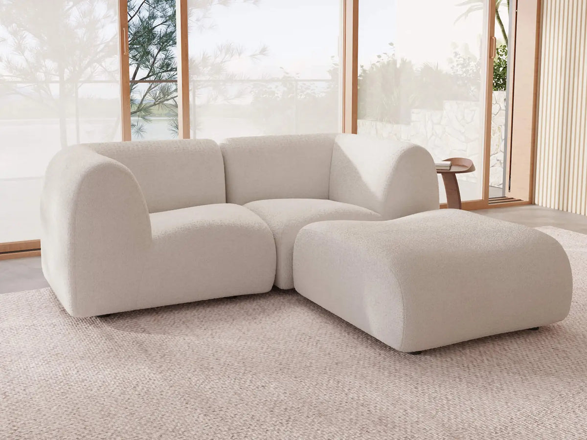 Teddy Fleece 2-Seater White Small Space Chaise Sectional | 3-Piece (Includes 1 Ottoman), Modular Design, Fixed Upholstery, Low Pillow Arm