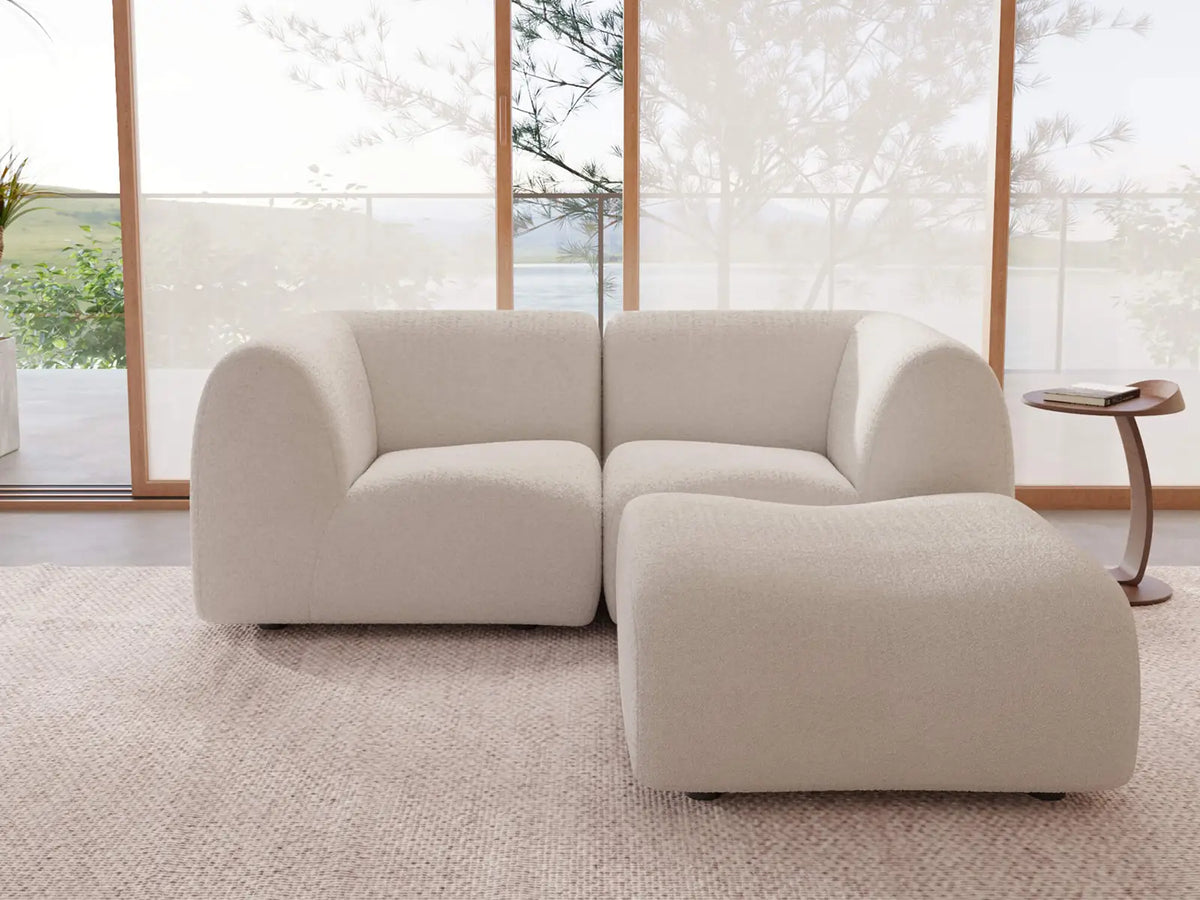 Teddy Fleece 2-Seater White Small Space Chaise Sectional | 3-Piece (Includes 1 Ottoman), Modular Design, Fixed Upholstery, Low Pillow Arm