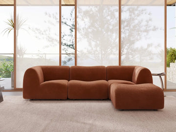 Teddy Fleece 3-Seater Rust Red Large Space L-Shaped Sectional | 4-Piece (Includes 1 Ottoman), Modular Design, Fixed Upholstery, Low Pillow Arm