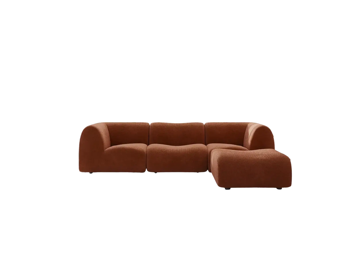 Teddy Fleece 3-Seater Rust Red Large Space L-Shaped Sectional | 4-Piece (Includes 1 Ottoman), Modular Design, Fixed Upholstery, Low Pillow Arm