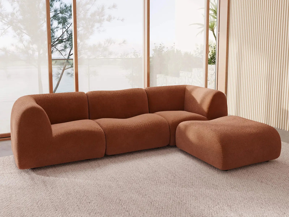 Teddy Fleece 3-Seater Rust Red Large Space L-Shaped Sectional | 4-Piece (Includes 1 Ottoman), Modular Design, Fixed Upholstery, Low Pillow Arm