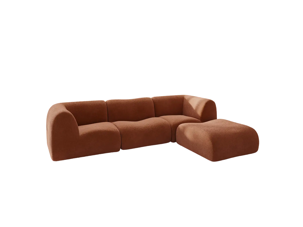 Teddy Fleece 3-Seater Rust Red Large Space L-Shaped Sectional | 4-Piece (Includes 1 Ottoman), Modular Design, Fixed Upholstery, Low Pillow Arm