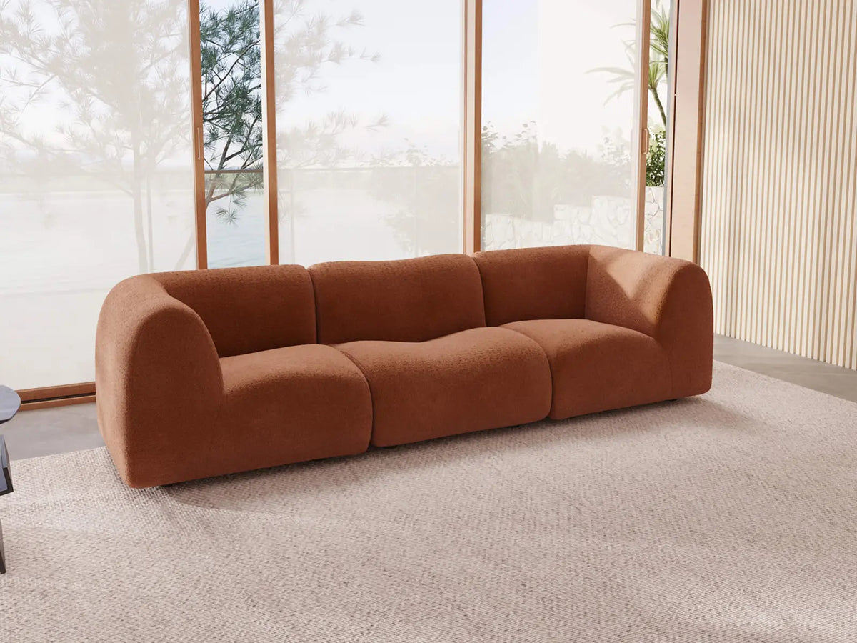 Teddy Fleece 3-Seater Rust Red Small Space Couch Sectional | 3-Piece, Modular Design, Fixed Upholstery, Low Pillow Arm