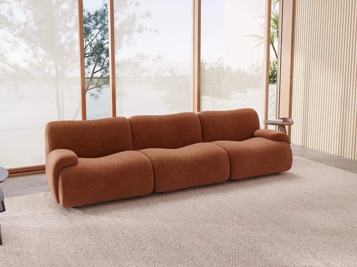 Teddy Fleece 3-Seater Rust Red Small Space Couch Sectional | 3-Piece, Modular Design, Fixed Upholstery, Low Pillow Arm
