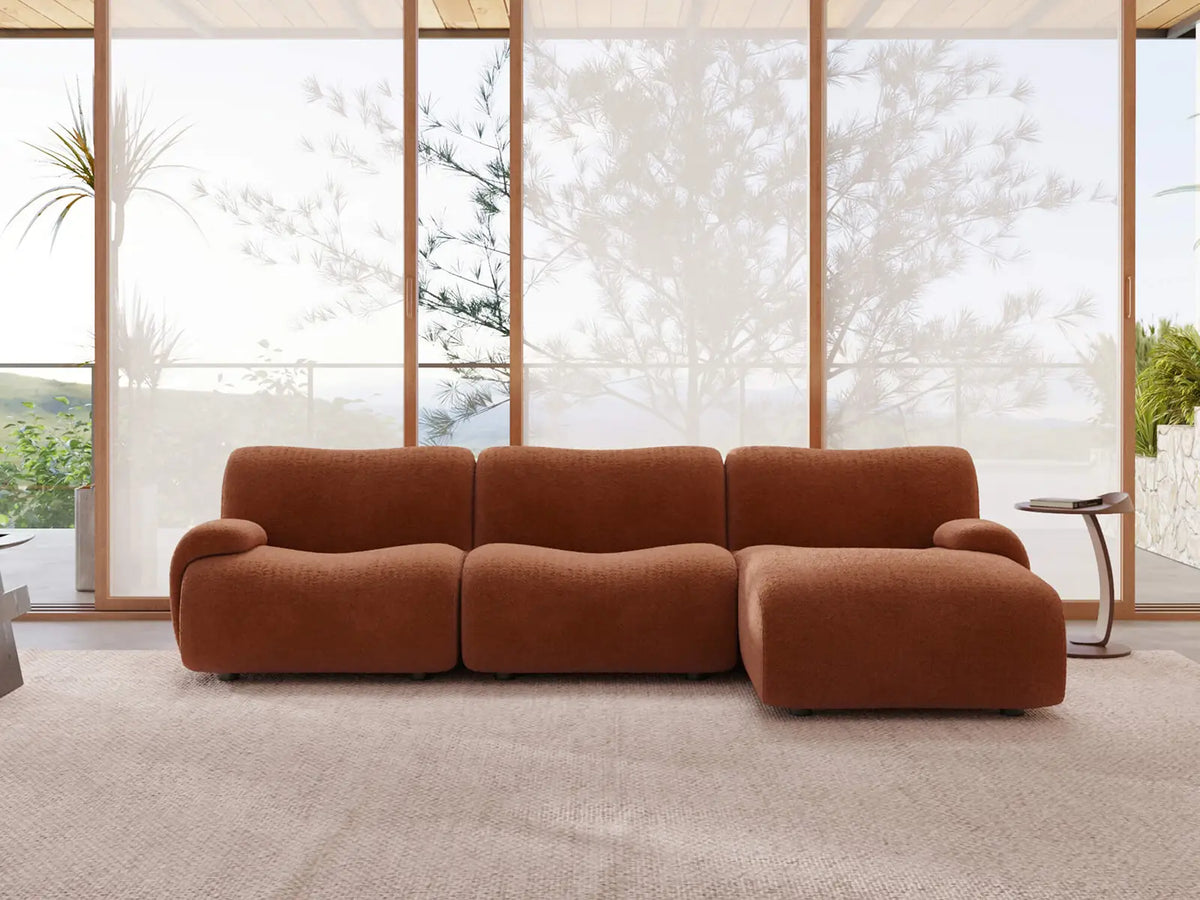 Teddy Fleece 3-Seater Rust Red Small Space L-Shaped Sectional | 3-Piece, Modular Design, Fixed Upholstery, Low Pillow Arm