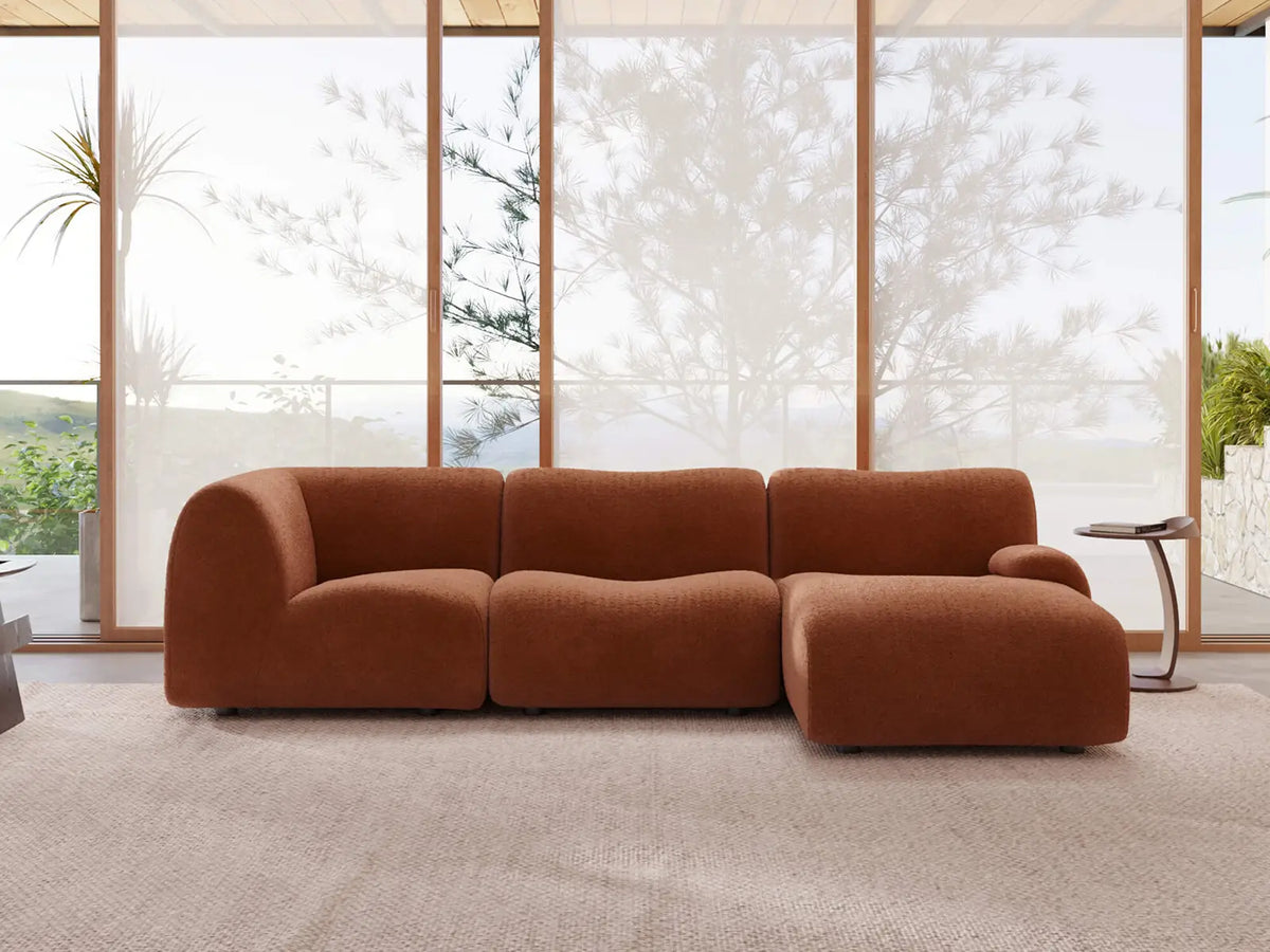 Teddy Fleece 3-Seater Rust Red Small Space L-Shaped Sectional | 3-Piece, Modular Design, Fixed Upholstery, Low Pillow Arm