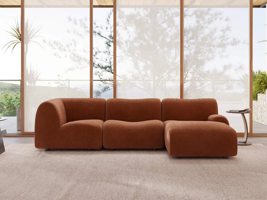 Teddy Fleece 3-Seater Rust Red Small Space L-Shaped Sectional | 3-Piece, Modular Design, Fixed Upholstery, Low Pillow Arm
