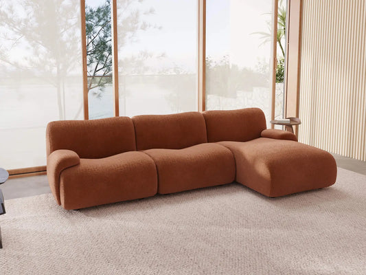 Teddy Fleece 3-Seater Rust Red Small Space L-Shaped Sectional | 3-Piece, Modular Design, Fixed Upholstery, Low Pillow Arm