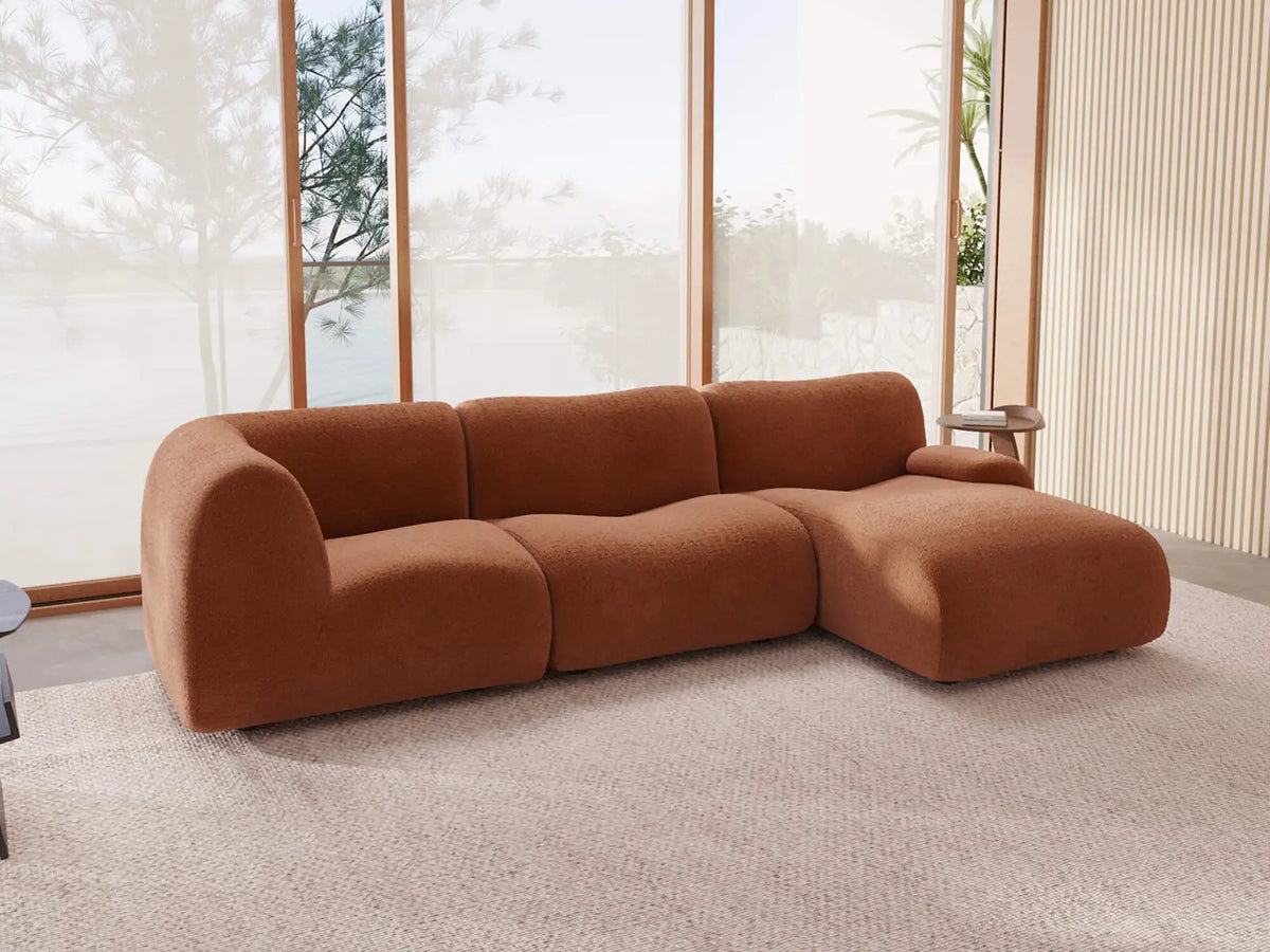 Teddy Fleece 3-Seater Rust Red Small Space L-Shaped Sectional | 3-Piece, Modular Design, Fixed Upholstery, Low Pillow Arm
