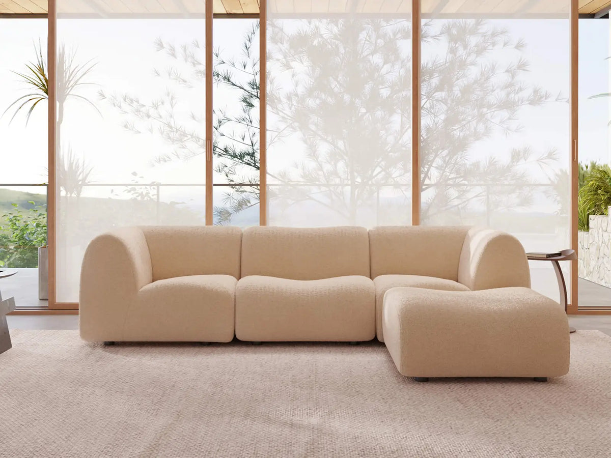 Teddy Fleece 3-Seater Sand Large Space L-Shaped Sectional | 4-Piece (Includes 1 Ottoman), Modular Design, Fixed Upholstery, Low Pillow Arm