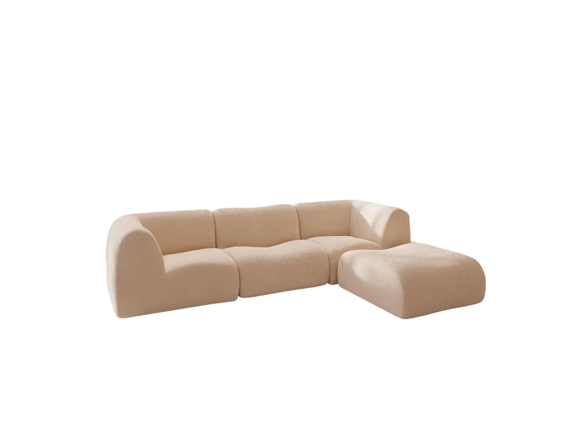 Teddy Fleece 3-Seater Sand Large Space L-Shaped Sectional | 4-Piece (Includes 1 Ottoman), Modular Design, Fixed Upholstery, Low Pillow Arm