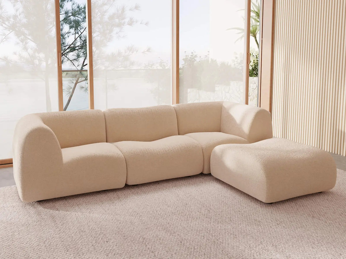 Teddy Fleece 3-Seater Sand Large Space L-Shaped Sectional | 4-Piece (Includes 1 Ottoman), Modular Design, Fixed Upholstery, Low Pillow Arm