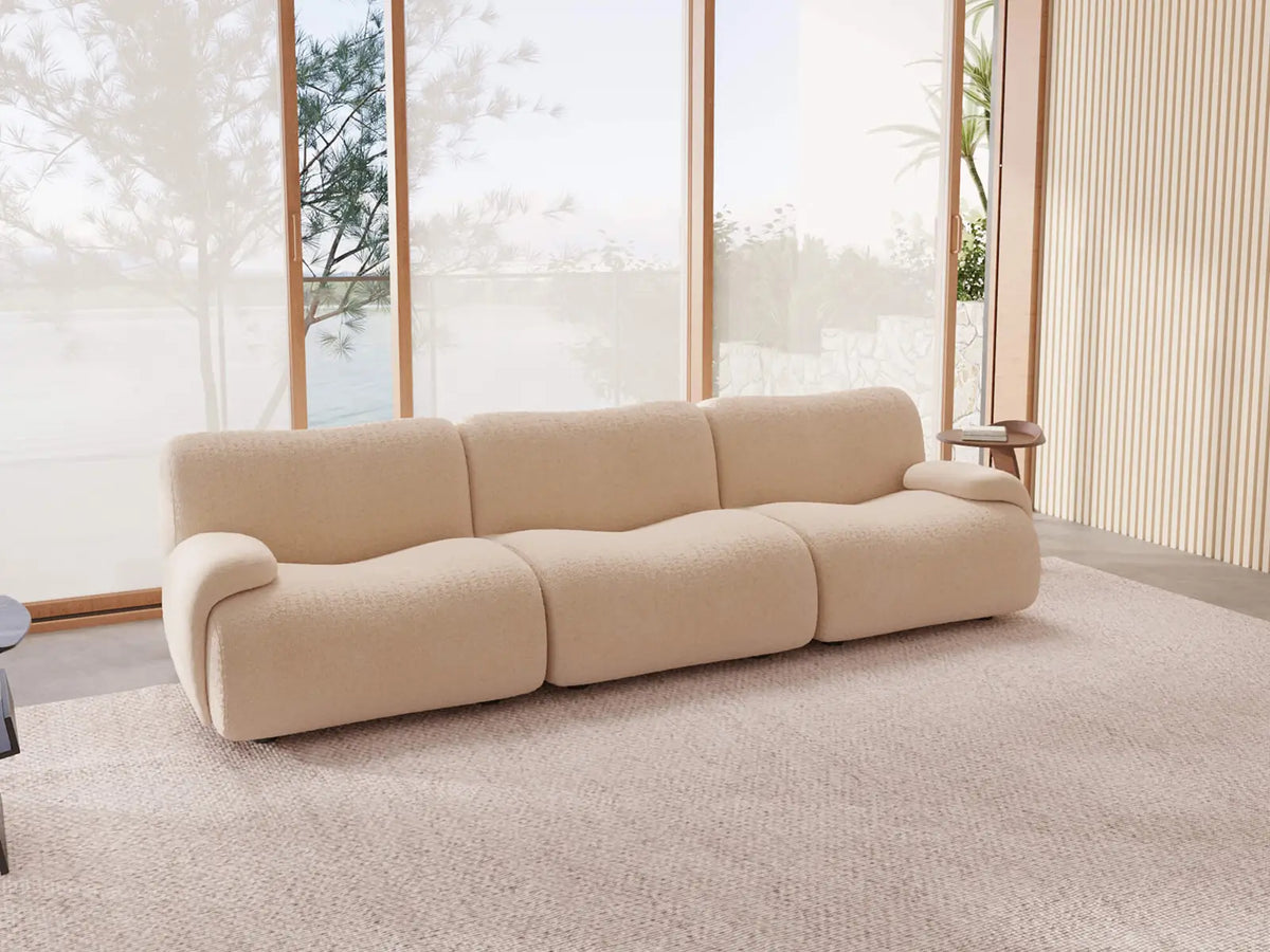 Teddy Fleece 3-Seater Sand Small Space Couch Sectional | 3-Piece, Modular Design, Fixed Upholstery, Low Pillow Arm