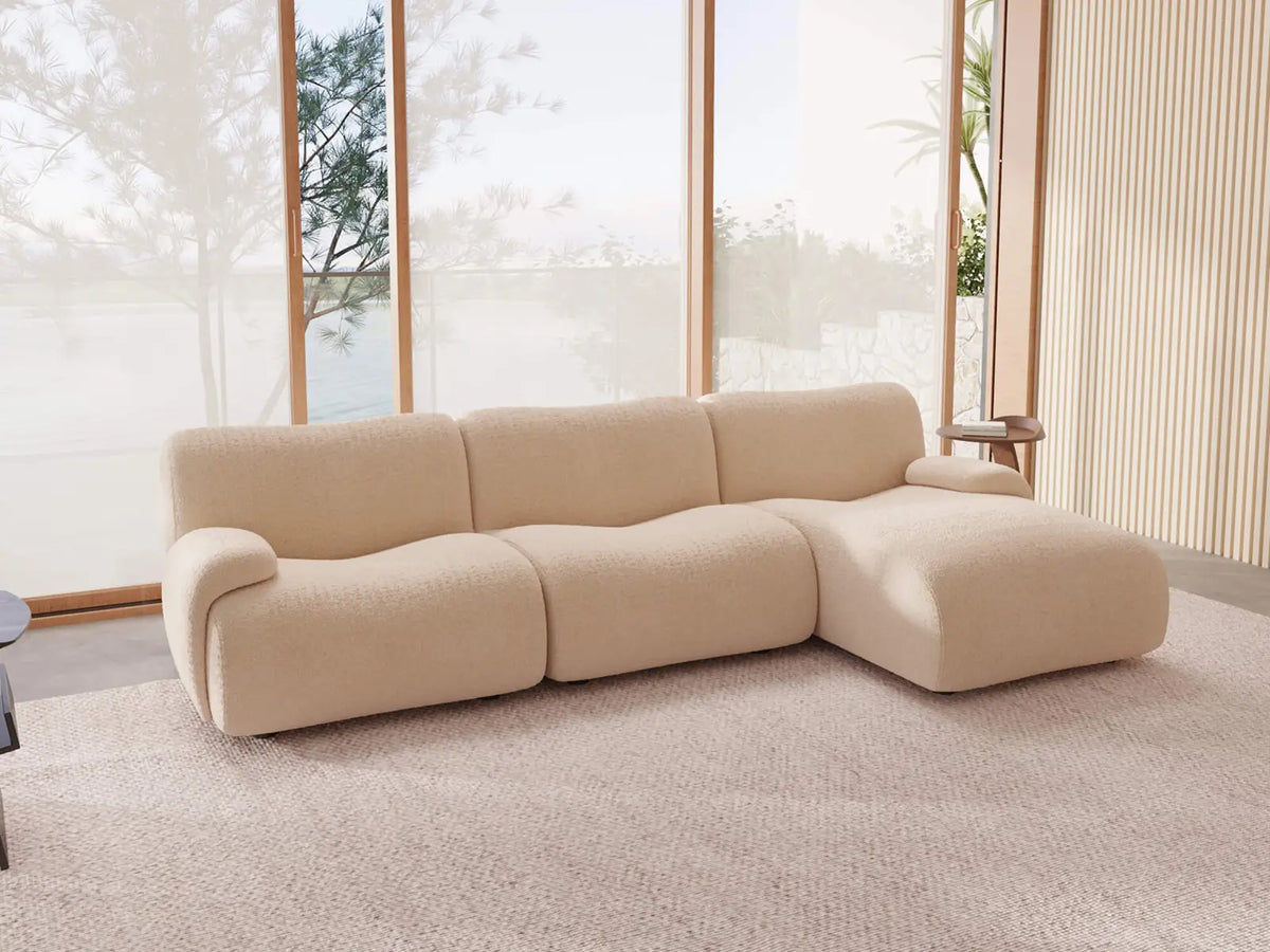 Teddy Fleece 3-Seater Sand Small Space L-Shaped Sectional | 3-Piece, Modular Design, Fixed Upholstery, Low Pillow Arm