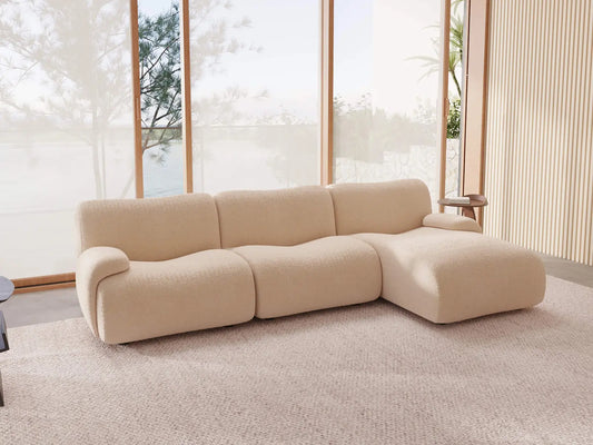 Teddy Fleece 3-Seater Sand Small Space L-Shaped Sectional | 3-Piece, Modular Design, Fixed Upholstery, Low Pillow Arm