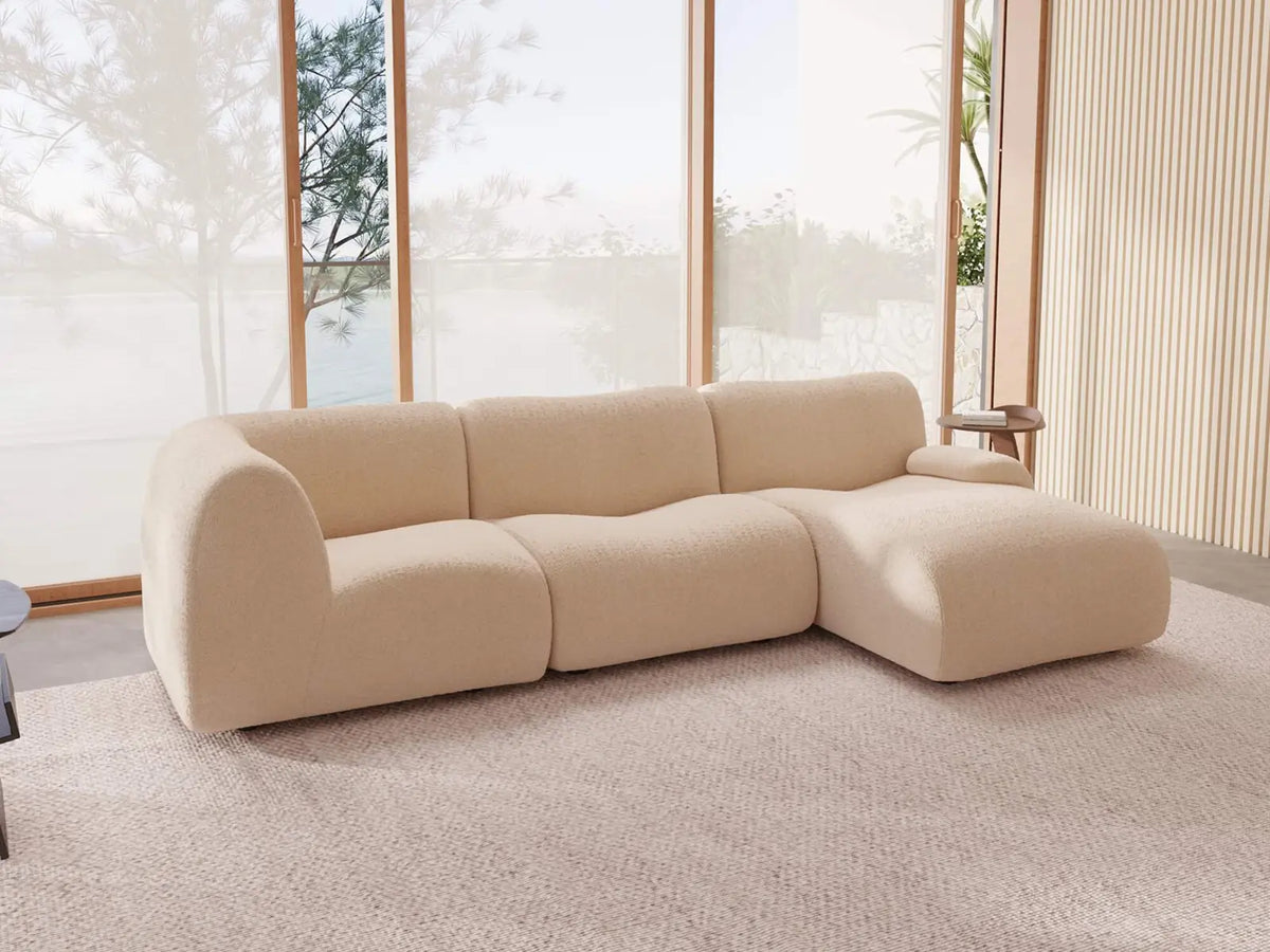 Teddy Fleece 3-Seater Sand Small Space L-Shaped Sectional | 3-Piece, Modular Design, Fixed Upholstery, Low Pillow Arm